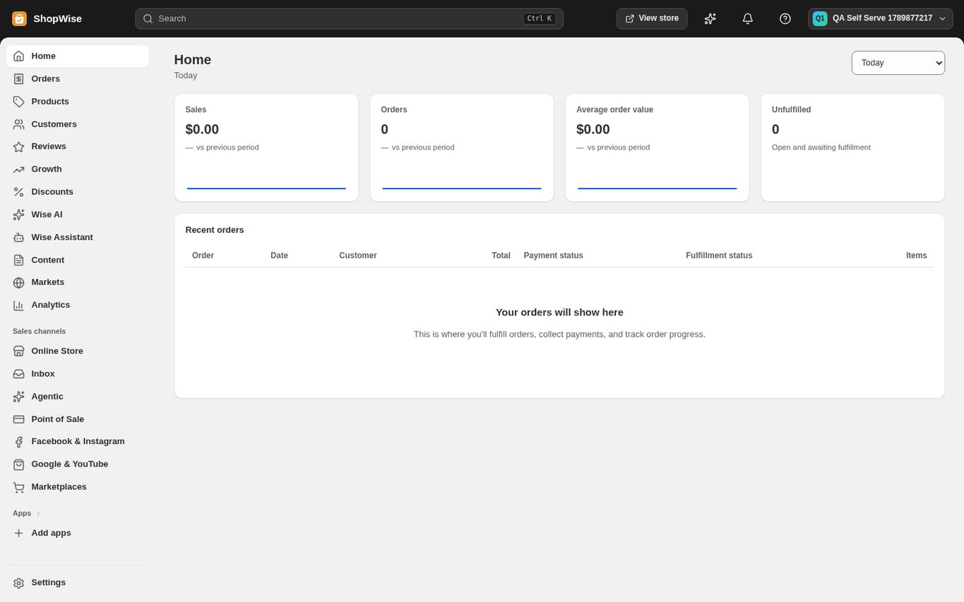 The admin Home page of a newly created store with empty sales cards and an empty recent orders table