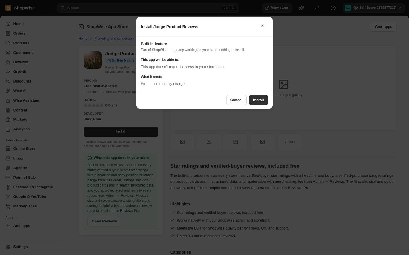 The install confirmation dialog listing the app's data access and cost with Cancel and Install buttons
