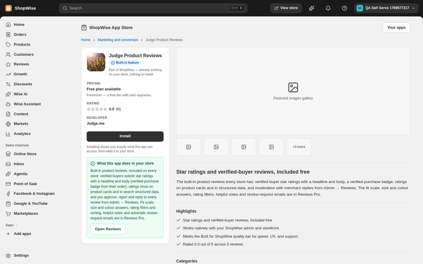 An app page in the admin App Store with pricing, rating, developer and an Install button