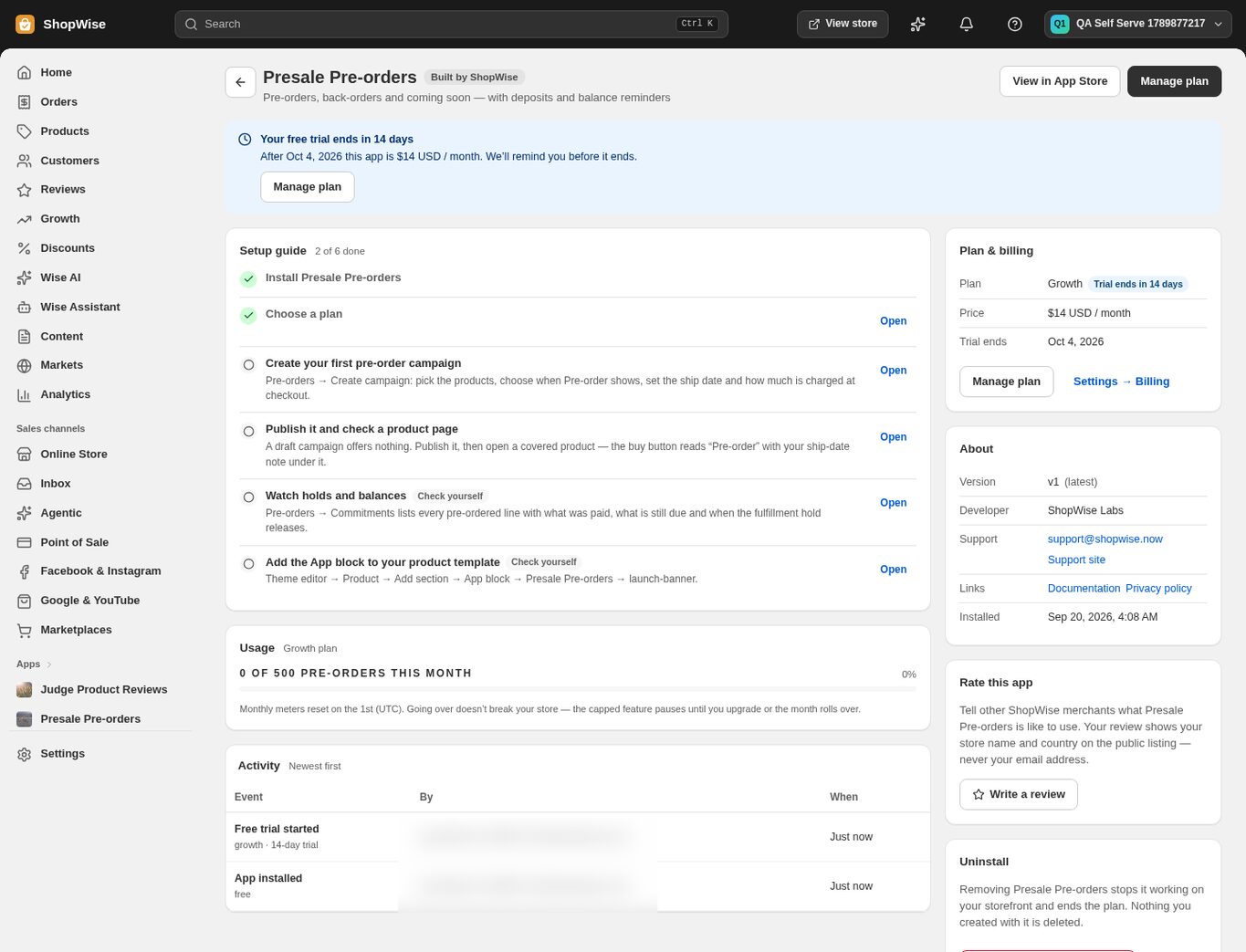 An installed app's workspace showing the free-trial banner, setup guide, usage meter and the Plan & billing card