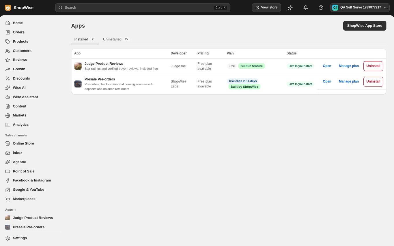 The Apps page listing two installed apps with plan, status and Open, Manage plan and Uninstall actions