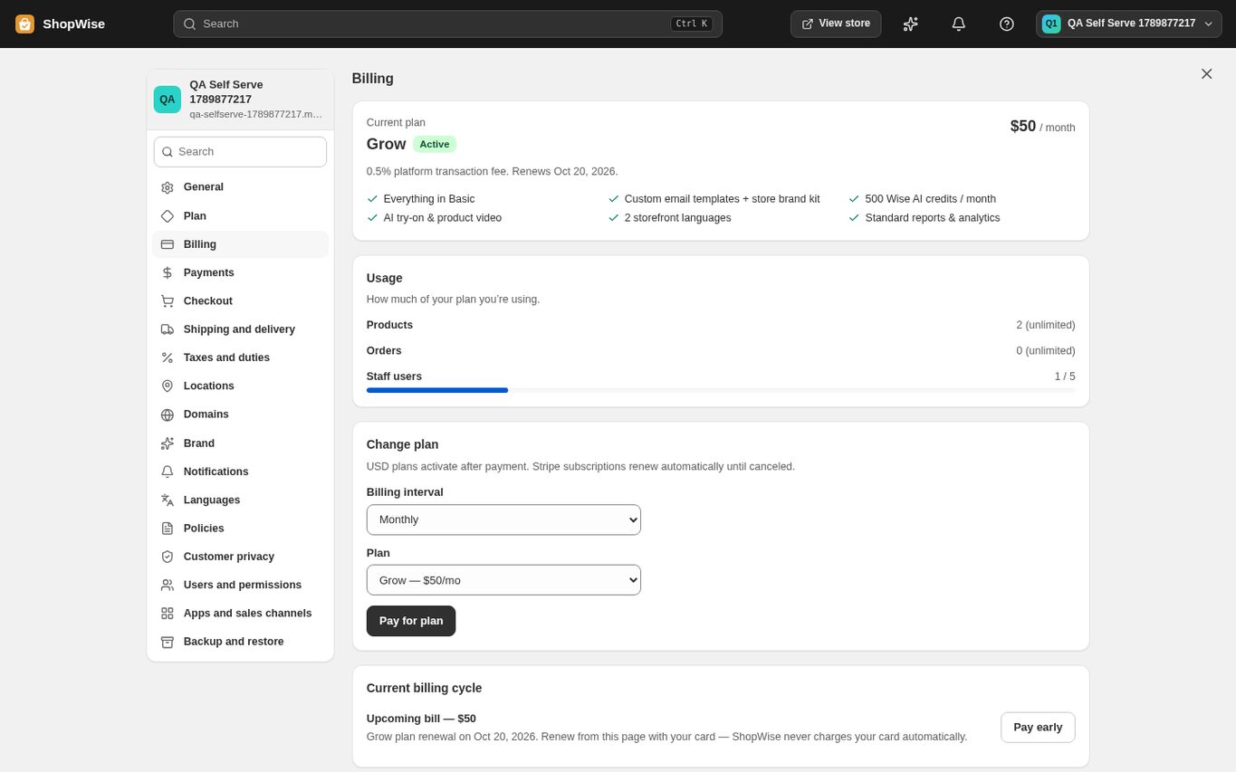 Settings > Billing showing the current Grow package, usage, the Change plan controls with Pay for plan, and the upcoming bill with Pay early