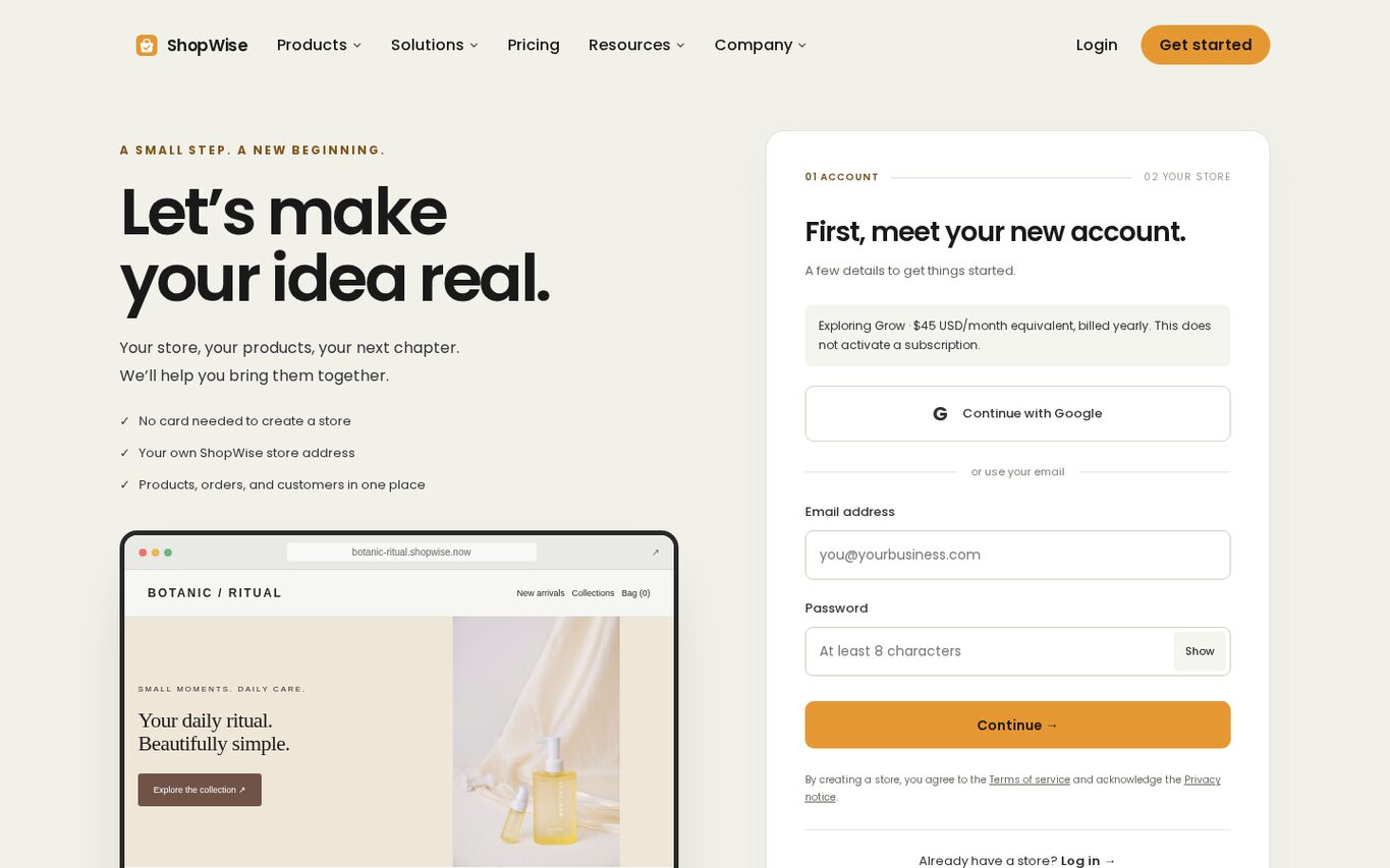 Signup step 1 of 2 with the chosen package shown, email and password fields and a Continue button