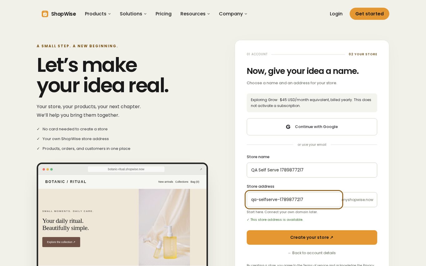 Signup step 2 of 2 with the store name, the store address showing the availability check and the Create your store button