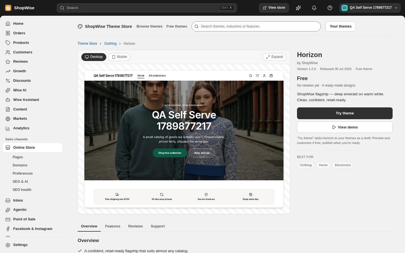 A free theme in the Theme Store with the Try theme and View demo buttons
