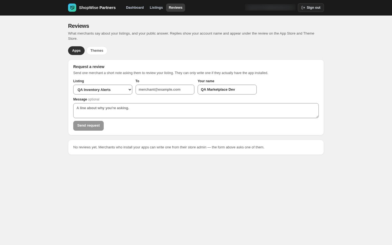 The partner Reviews tab with the request-a-review form and an empty review list