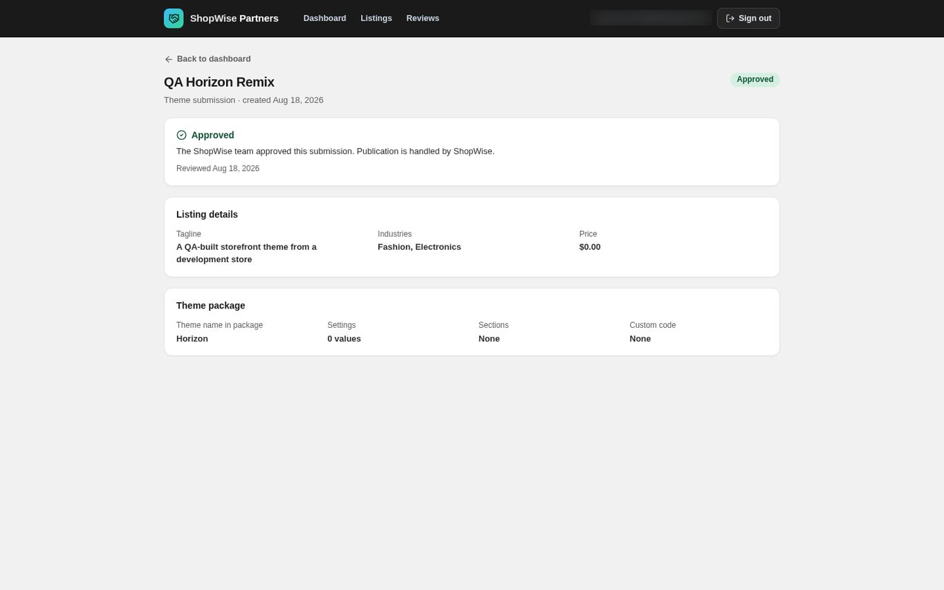 An approved theme submission showing the reviewer outcome and package summary