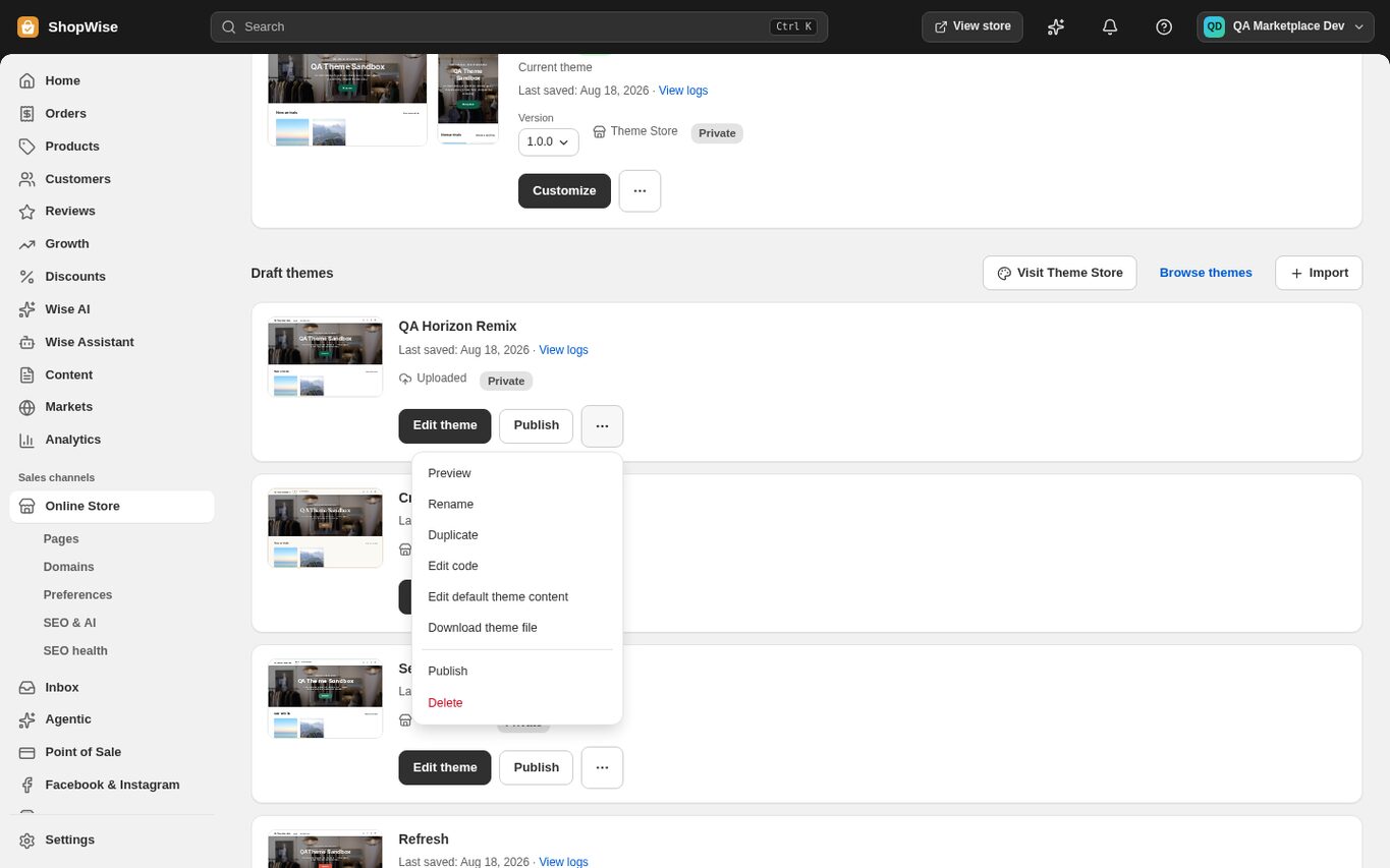 The theme actions menu in Online Store with Download theme file listed