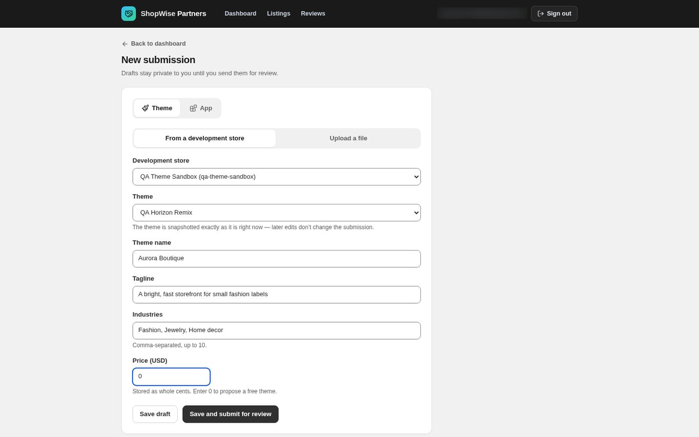 The theme submission form filled in from a development store