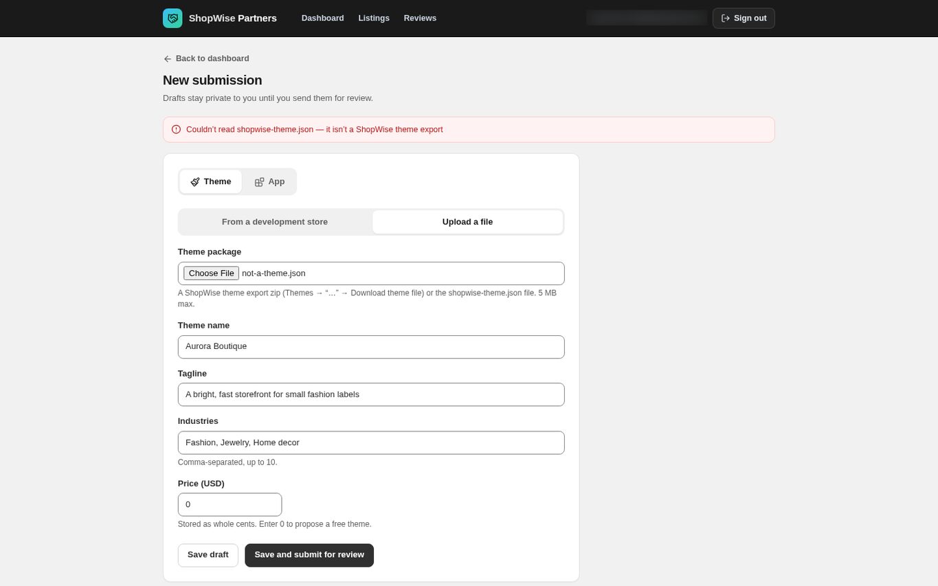The submission form showing a rejected upload that is not a Lulu theme export