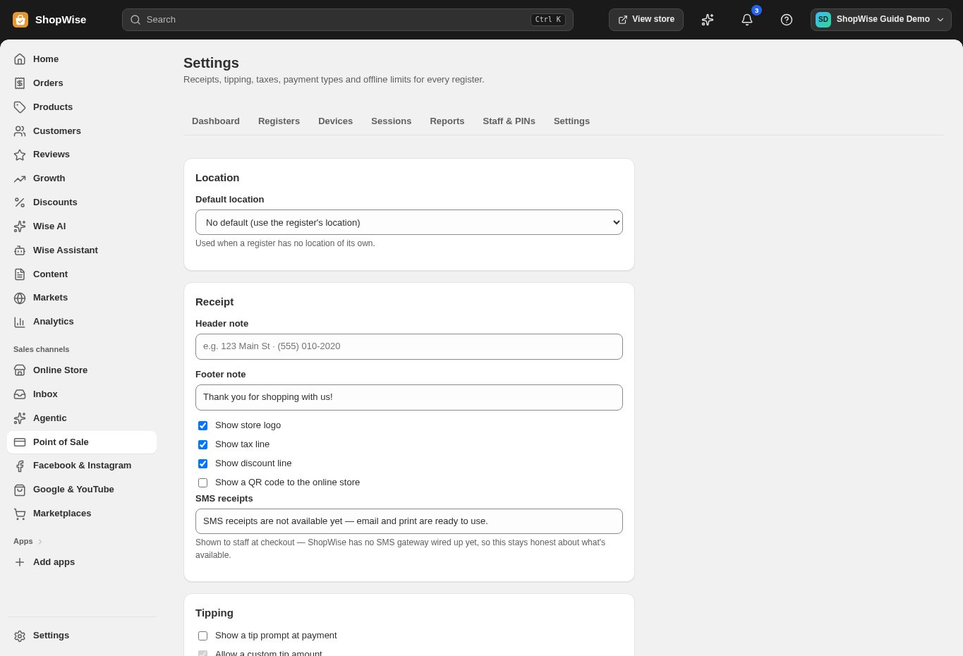 Set staff and receipt options — actual Lulu demonstration admin